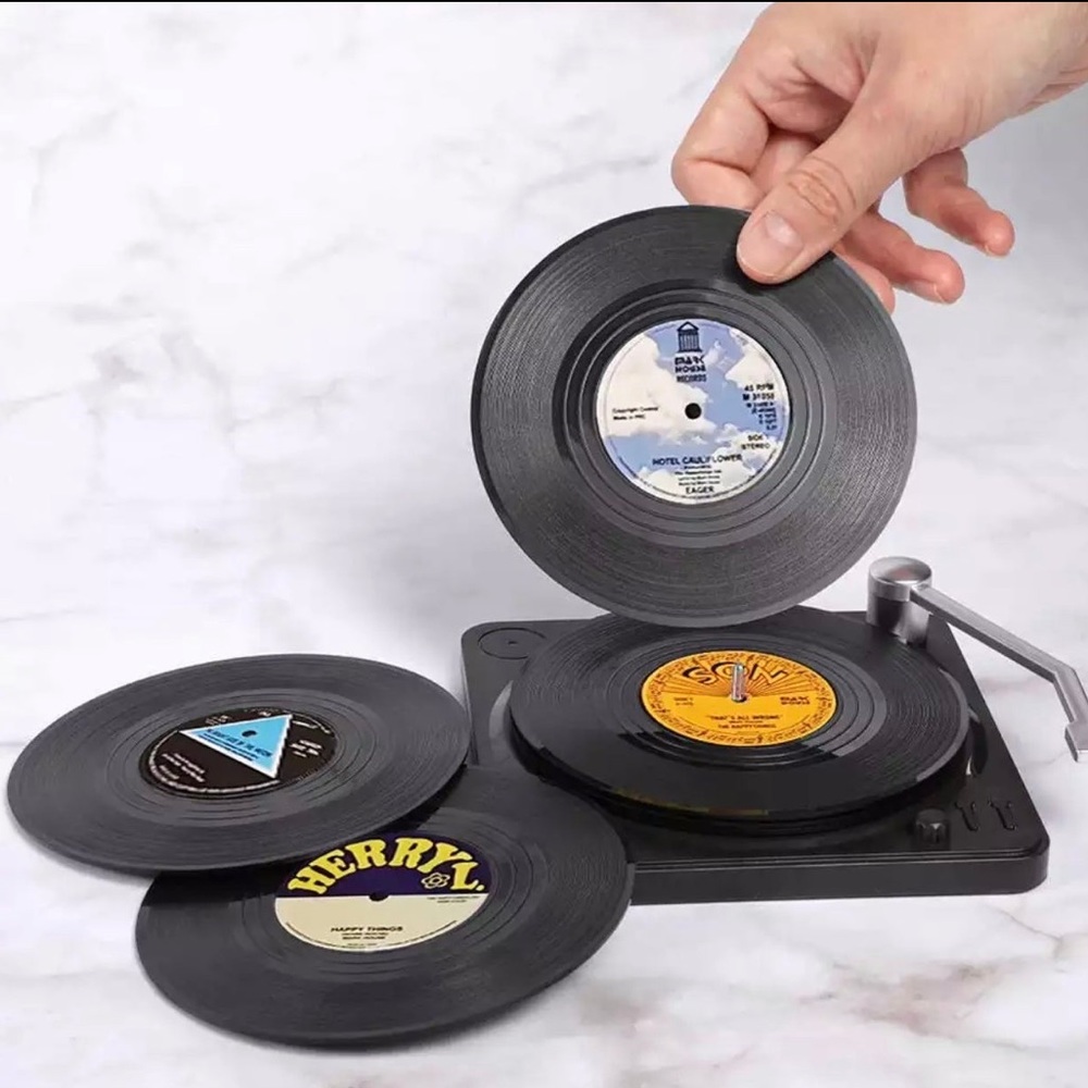 New Novelty Vinyl Coasters w/ Record Player Holder